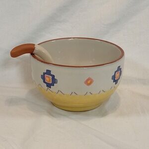 Santa Fe Dip Bowl and Ladle Set Cream Southwestern Geometric Ceramic Portugal